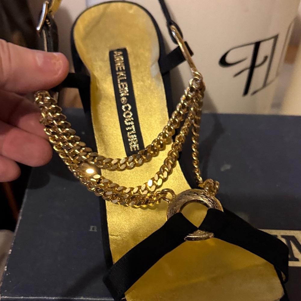 Anne Klein Black and Gold Chain Sandals